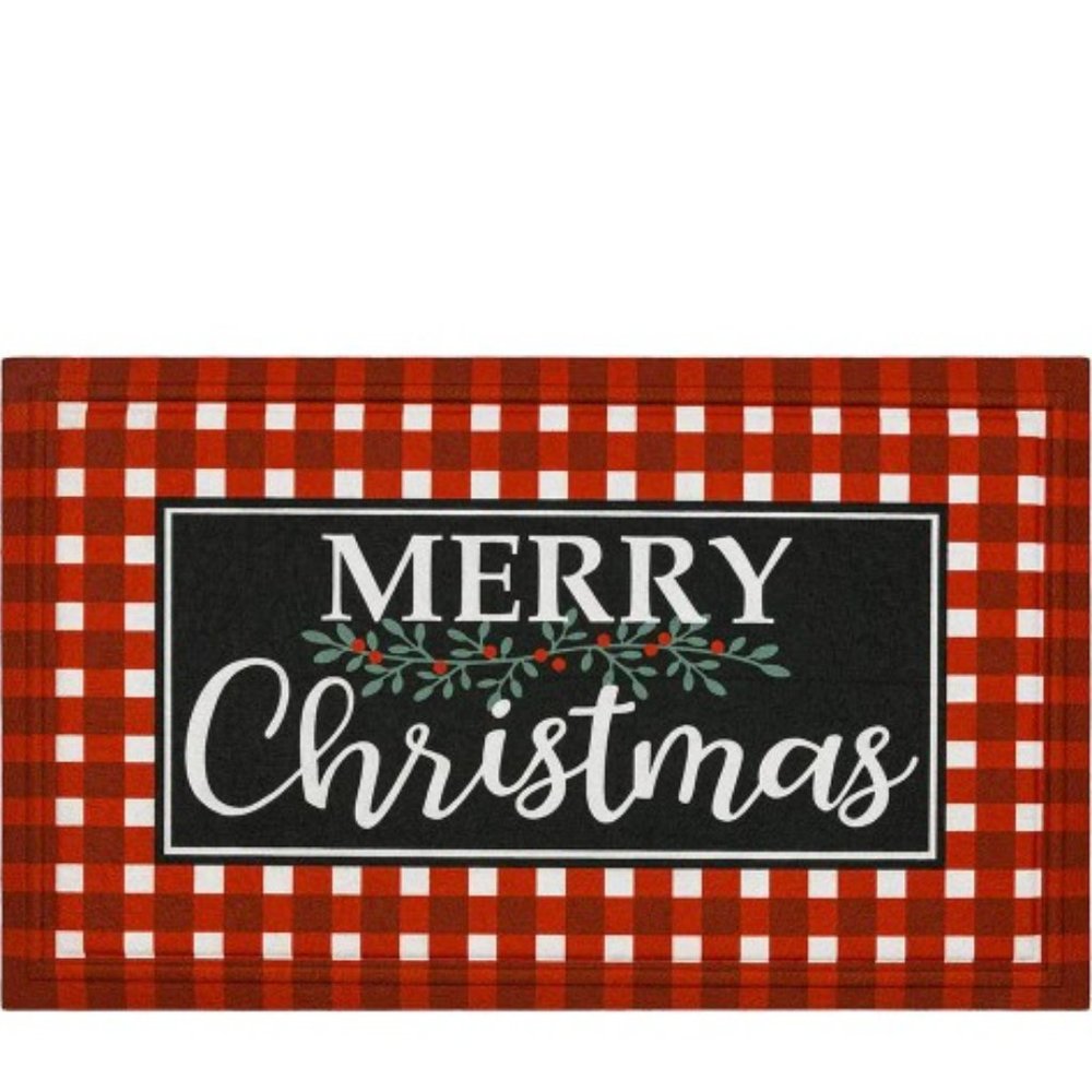 Merry Christmas Doormat 30" x 18" New Red & White Check Design Outdoor or Indoor
